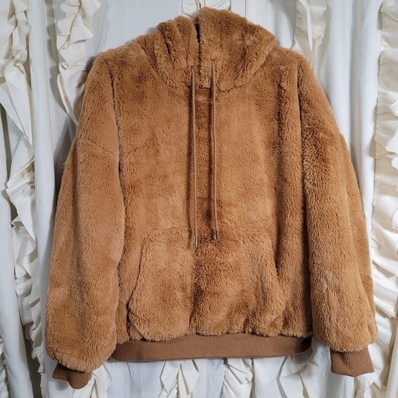 Super Plush Teddy Pullover Hoodie Large Camel Tan Lined Forever21 - Picture 2 of 8